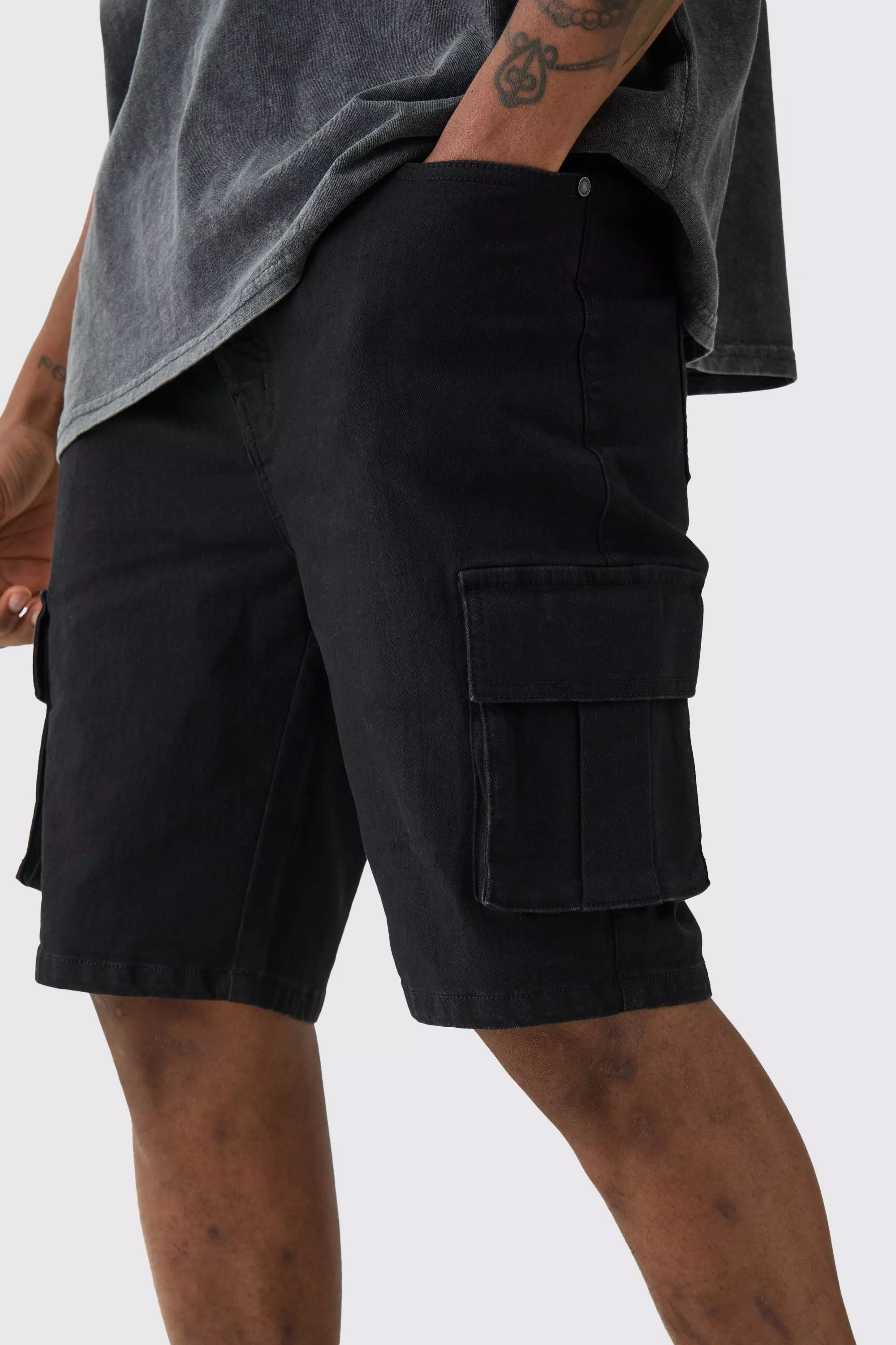 Tall black denim shorts online